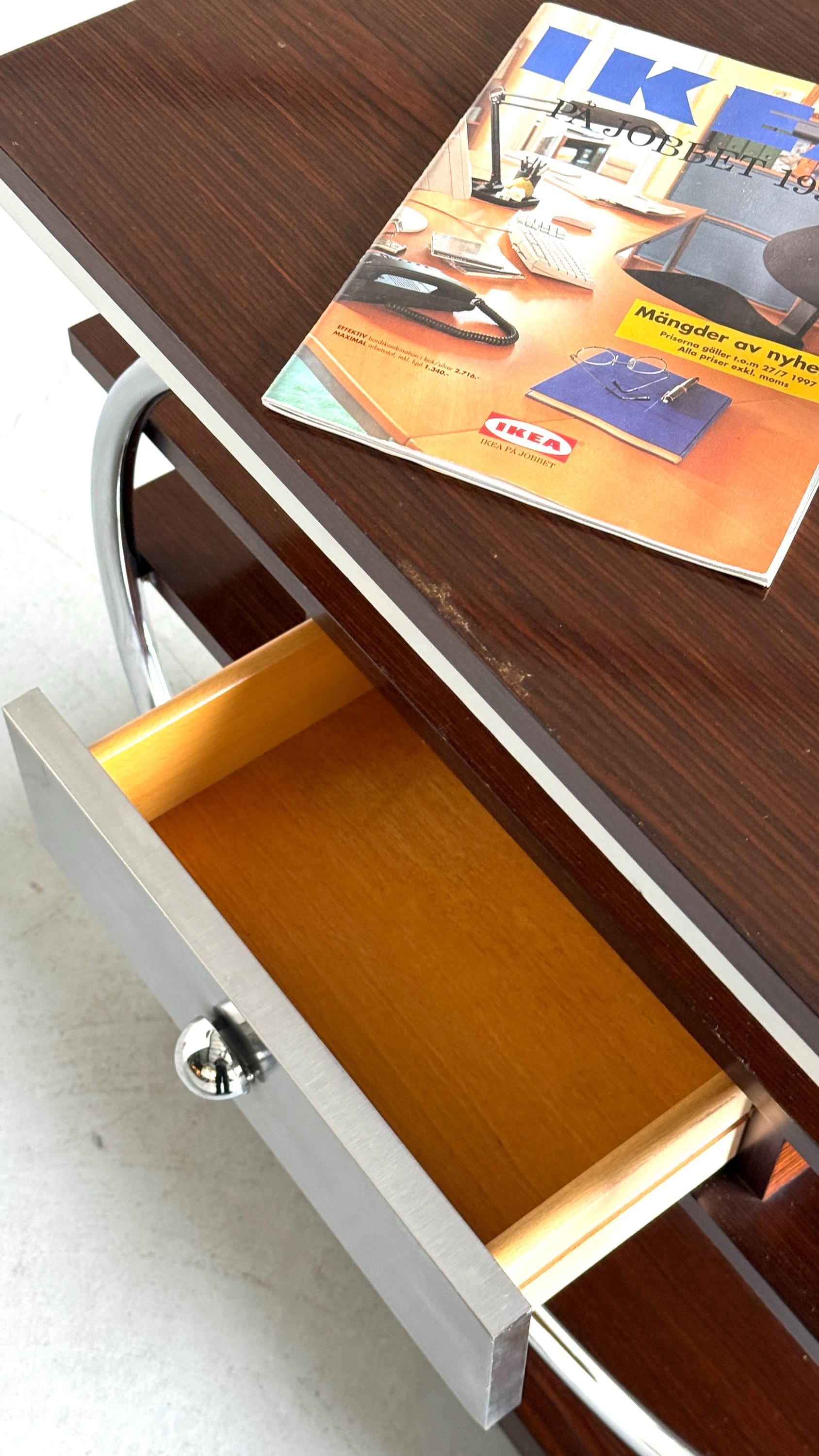Vintage Konsolentisch Art Deco Revival, Dunkelholz und Chrom, Holz und Metall