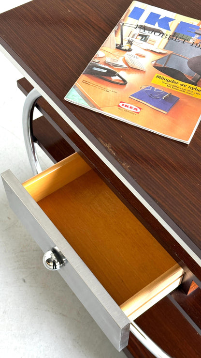 Vintage Konsolentisch Art Deco Revival, Dunkelholz und Chrom, Holz und Metall