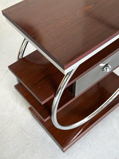 Vintage Konsolentisch Art Deco Revival, Dunkelholz und Chrom, Holz und Metall