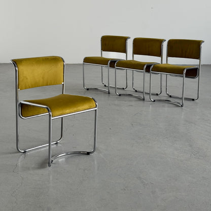 Vintage Set von 4 Esszimmerstuhl Olivgrün Chrom Italien 1970er