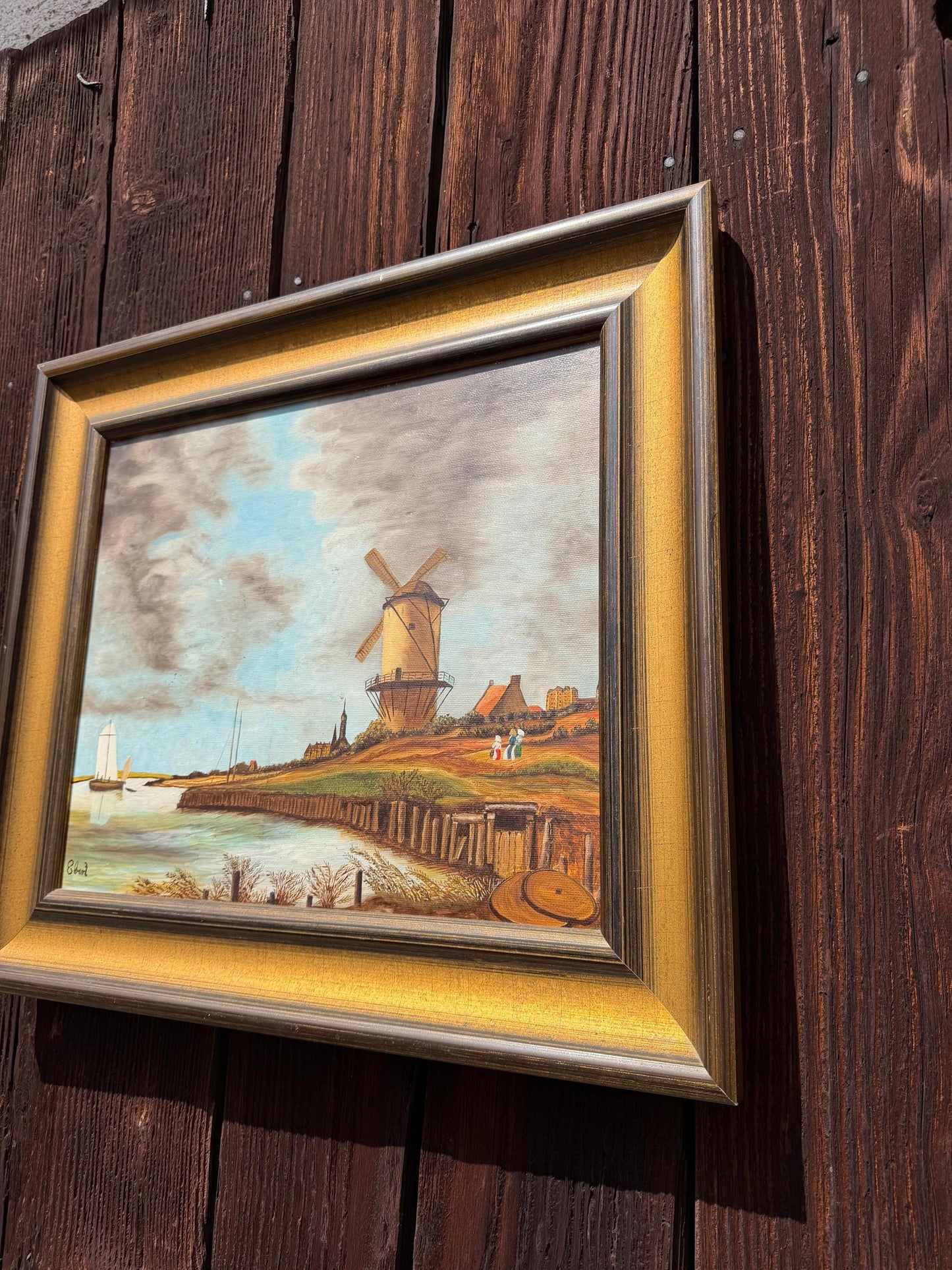 Vintage Gemälde „Windmühle an der Küste“ von Ebert Signiert