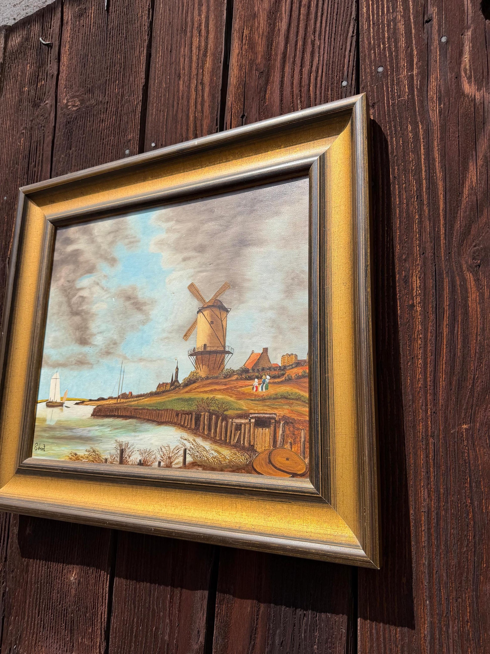 Vintage Gemälde „Windmühle an der Küste“ von Ebert Signiert