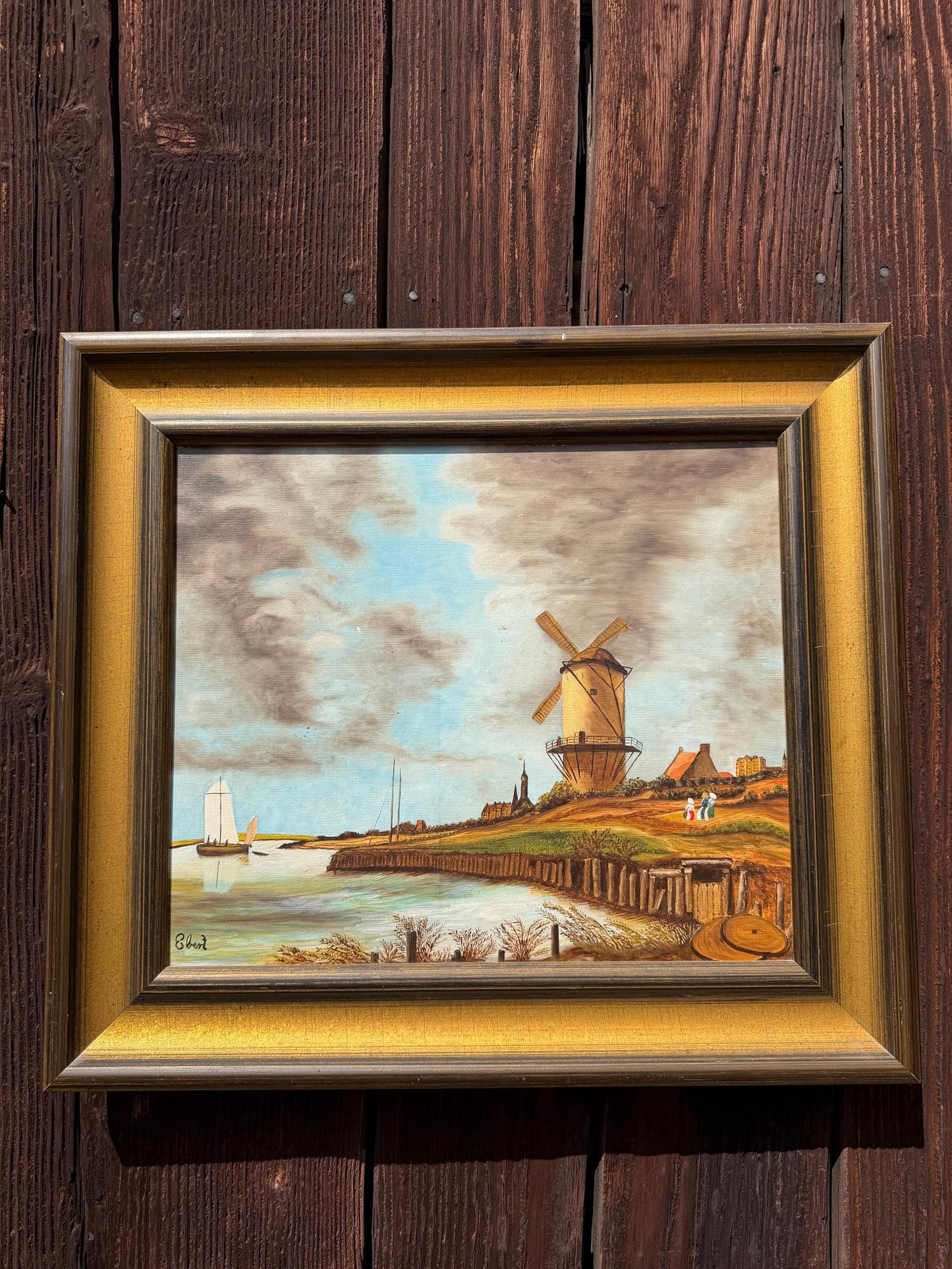 Vintage Gemälde „Windmühle an der Küste“ von Ebert Signiert