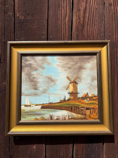 Vintage Gemälde „Windmühle an der Küste“ von Ebert Signiert