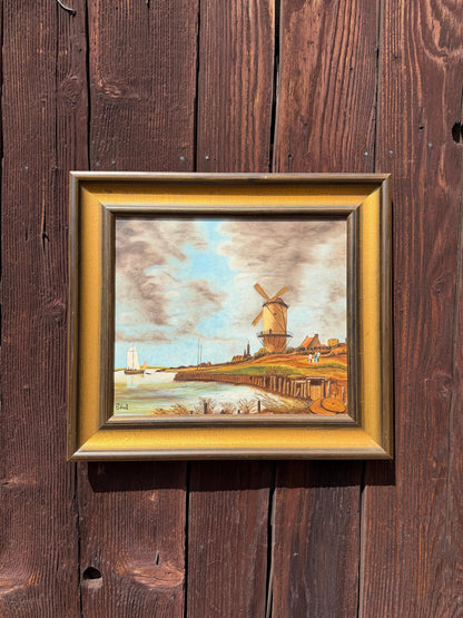 Vintage Gemälde „Windmühle an der Küste“ von Ebert Signiert