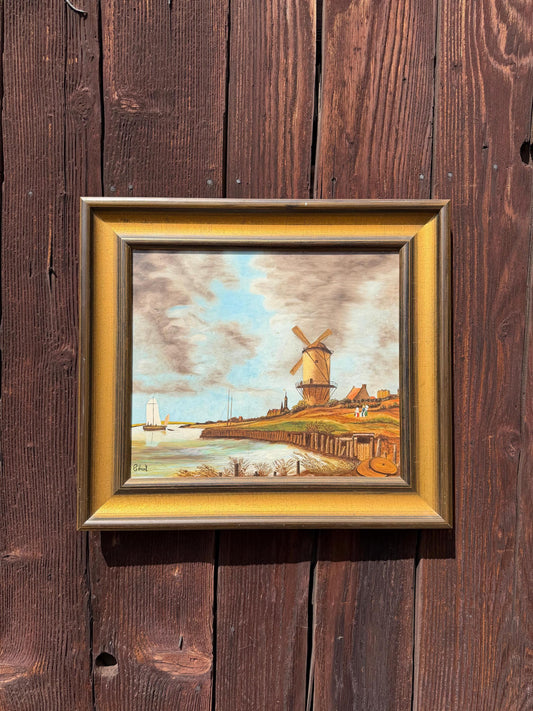 Vintage Gemälde „Windmühle an der Küste“ von Ebert Signiert