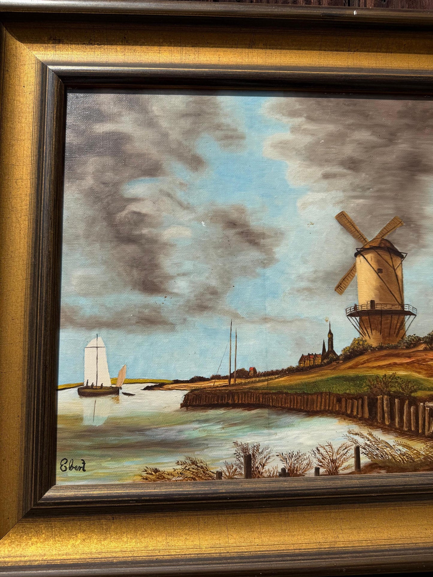 Vintage Gemälde „Windmühle an der Küste“ von Ebert Signiert