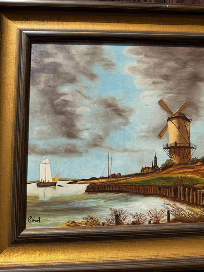 Vintage Gemälde „Windmühle an der Küste“ von Ebert Signiert