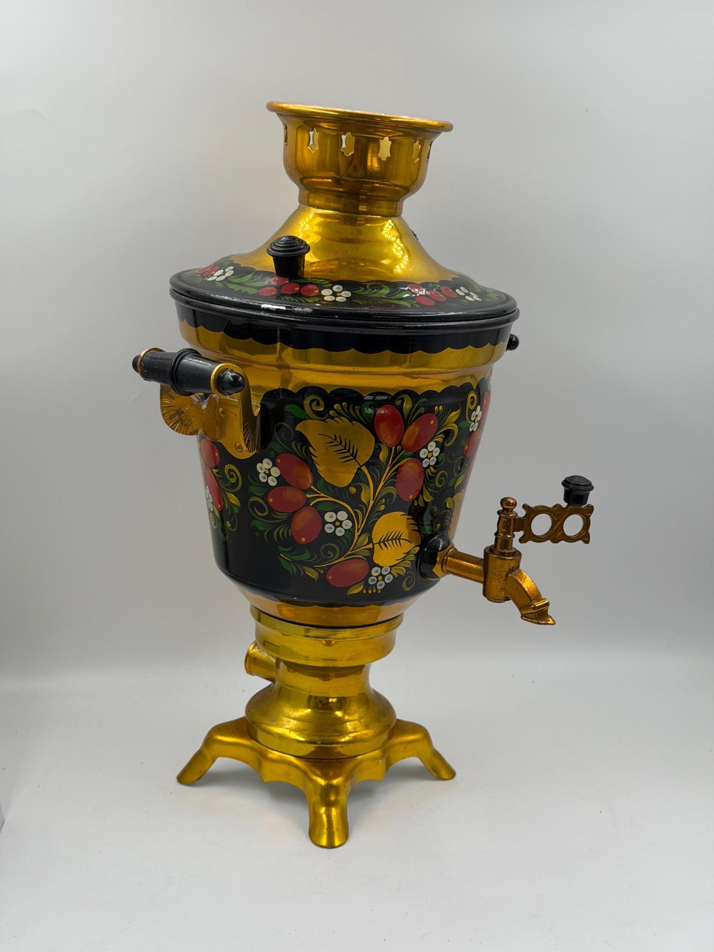 Vintage Elektrischer Samowar 3 Liter Gold-Schwarz mit Blumenmalerei
