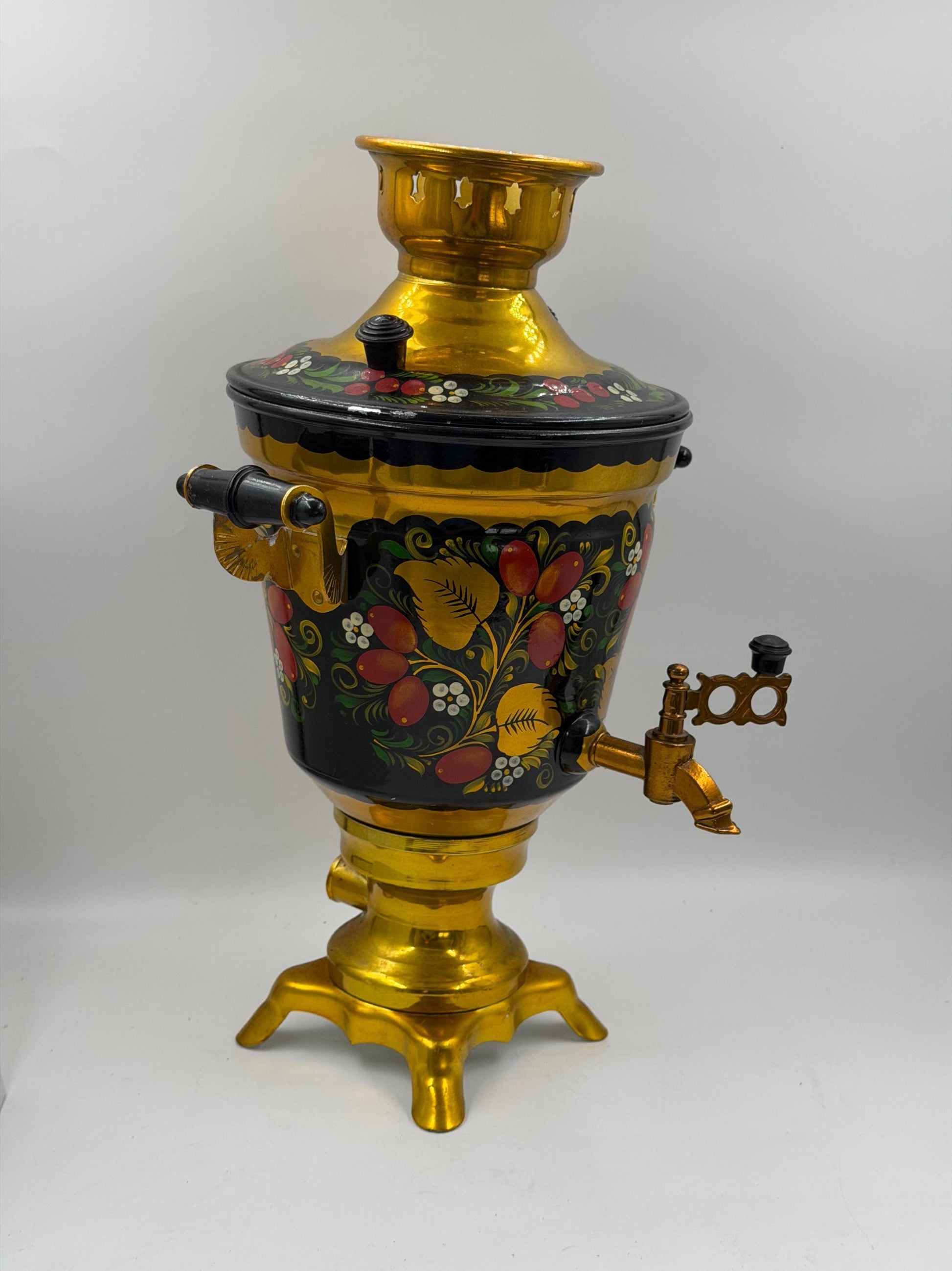 Vintage Elektrischer Samowar 3 Liter Gold-Schwarz mit Blumenmalerei