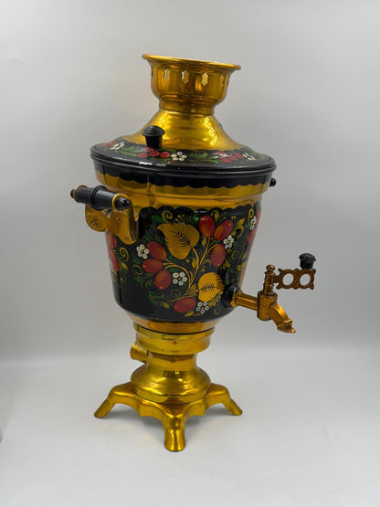 Vintage Elektrischer Samowar 3 Liter Gold-Schwarz mit Blumenmalerei
