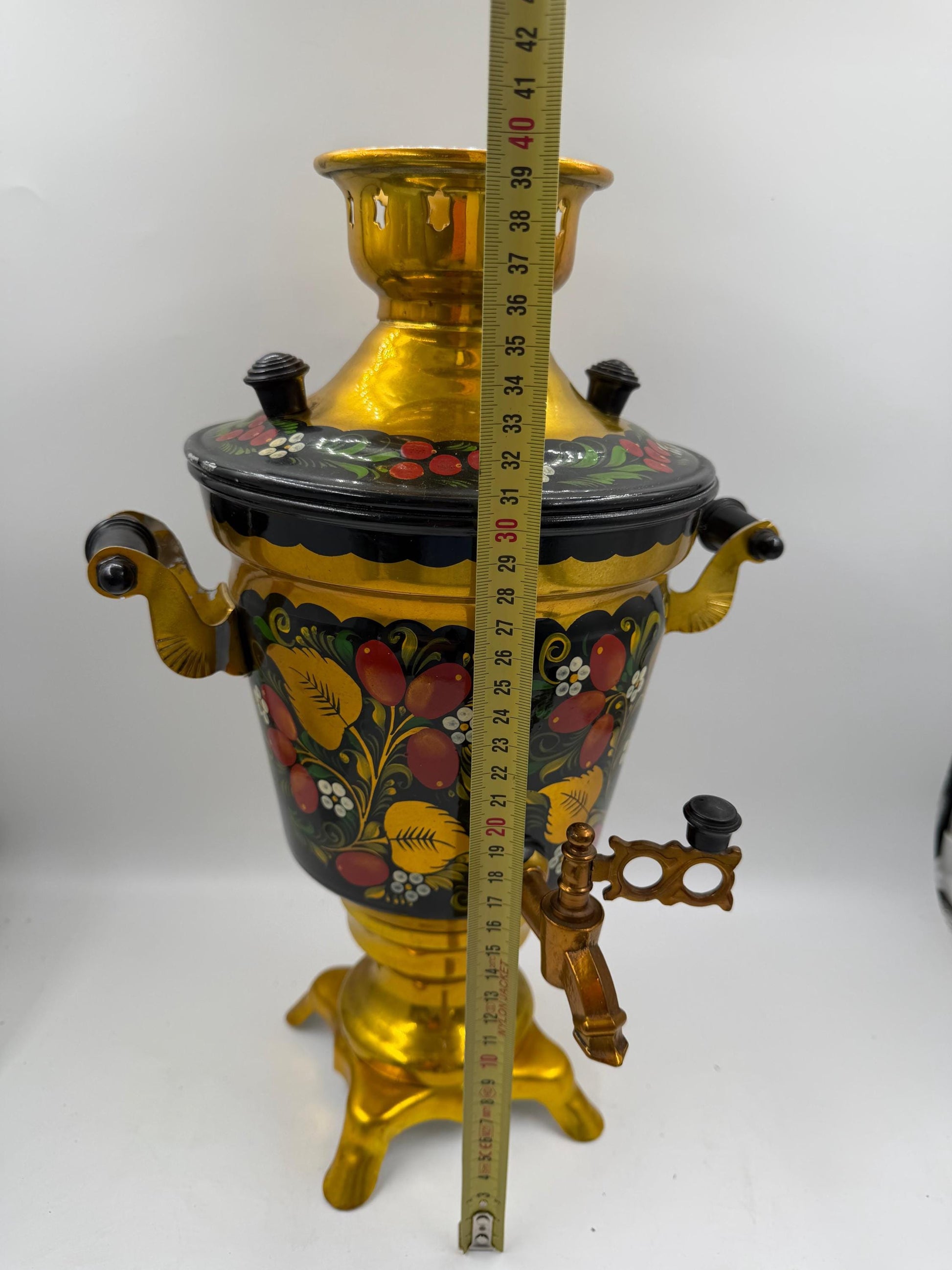 Vintage Elektrischer Samowar 3 Liter Gold-Schwarz mit Blumenmalerei