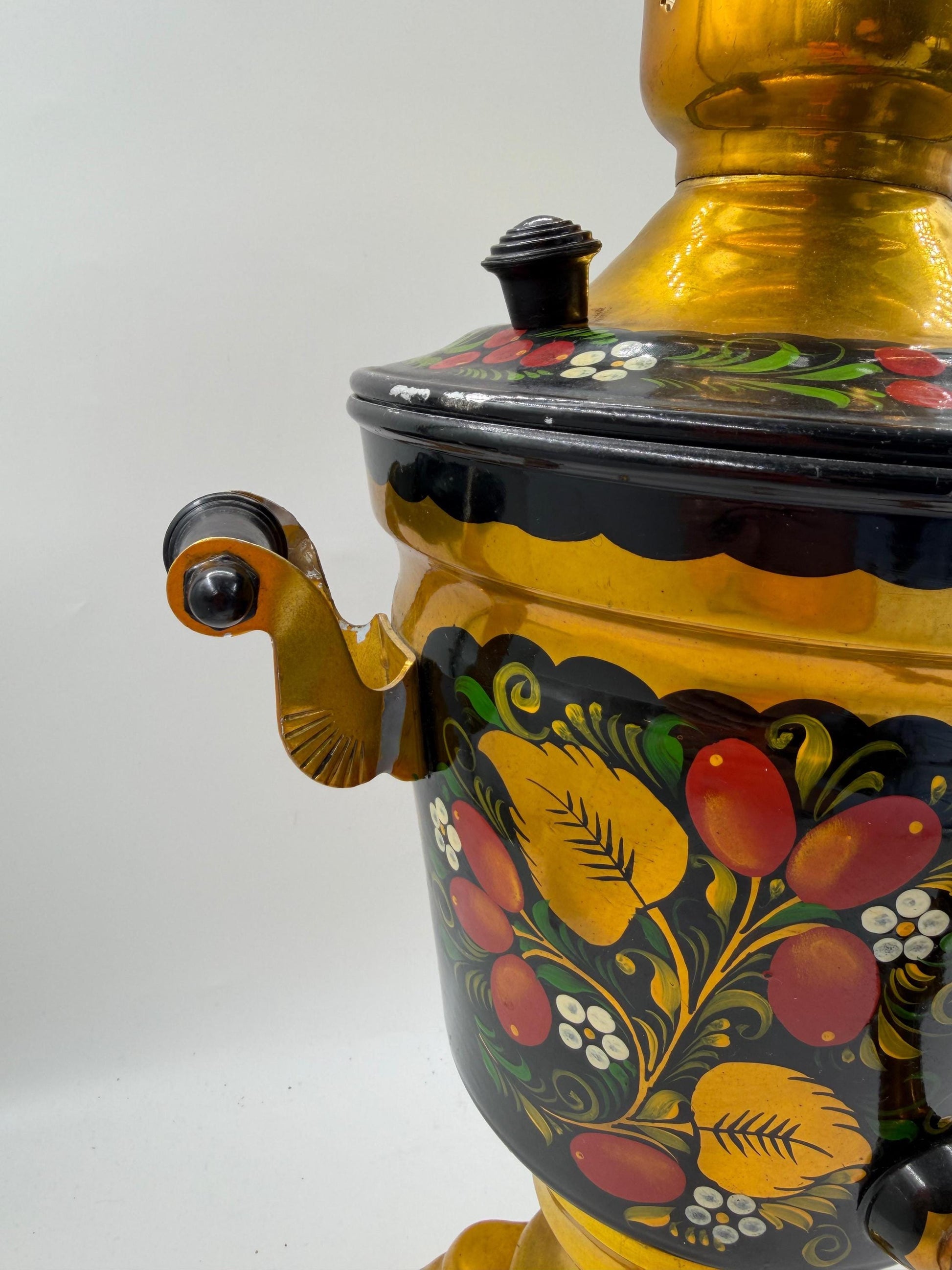 Vintage Elektrischer Samowar 3 Liter Gold-Schwarz mit Blumenmalerei