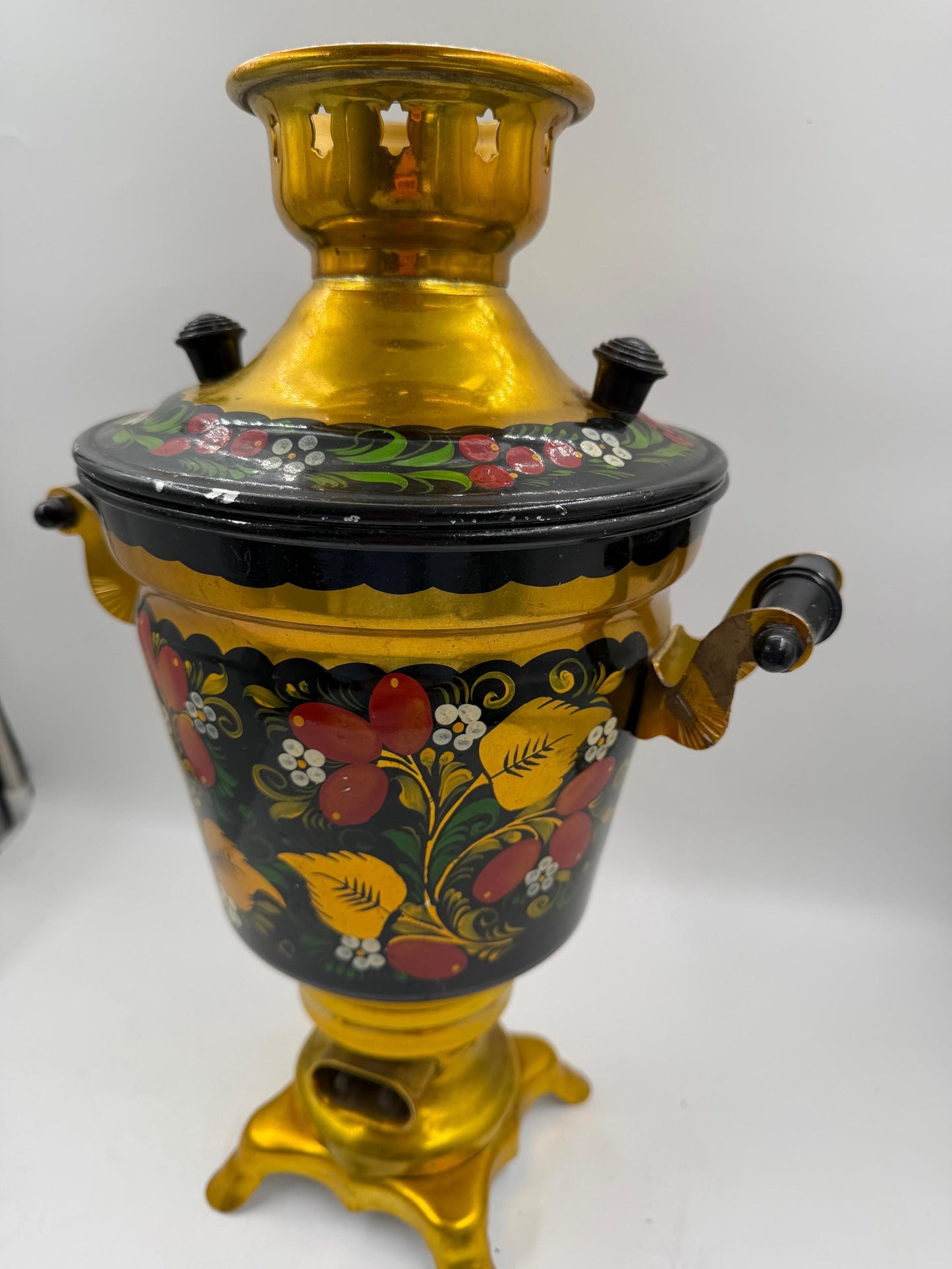 Vintage Elektrischer Samowar 3 Liter Gold-Schwarz mit Blumenmalerei