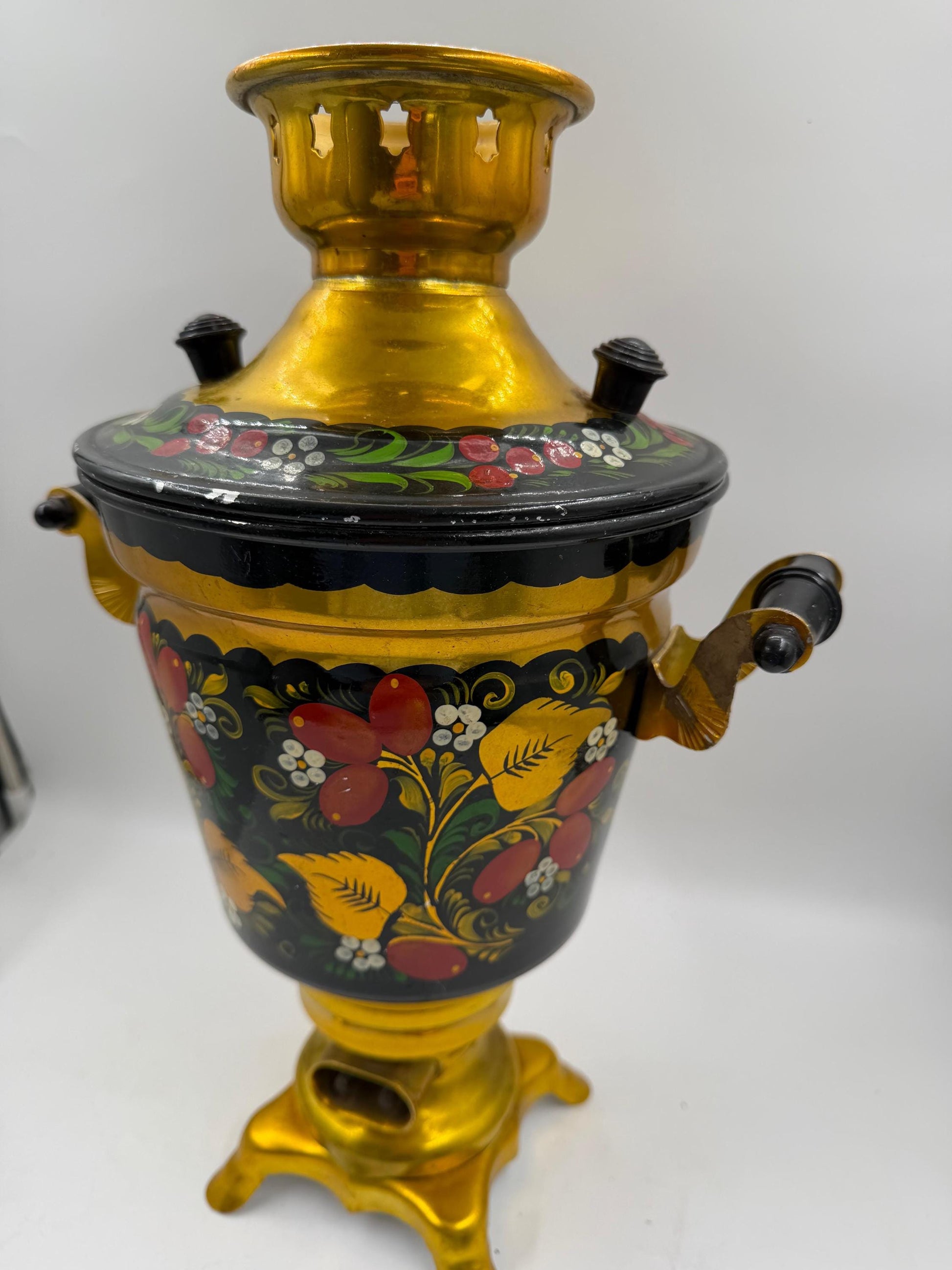 Vintage Elektrischer Samowar 3 Liter Gold-Schwarz mit Blumenmalerei