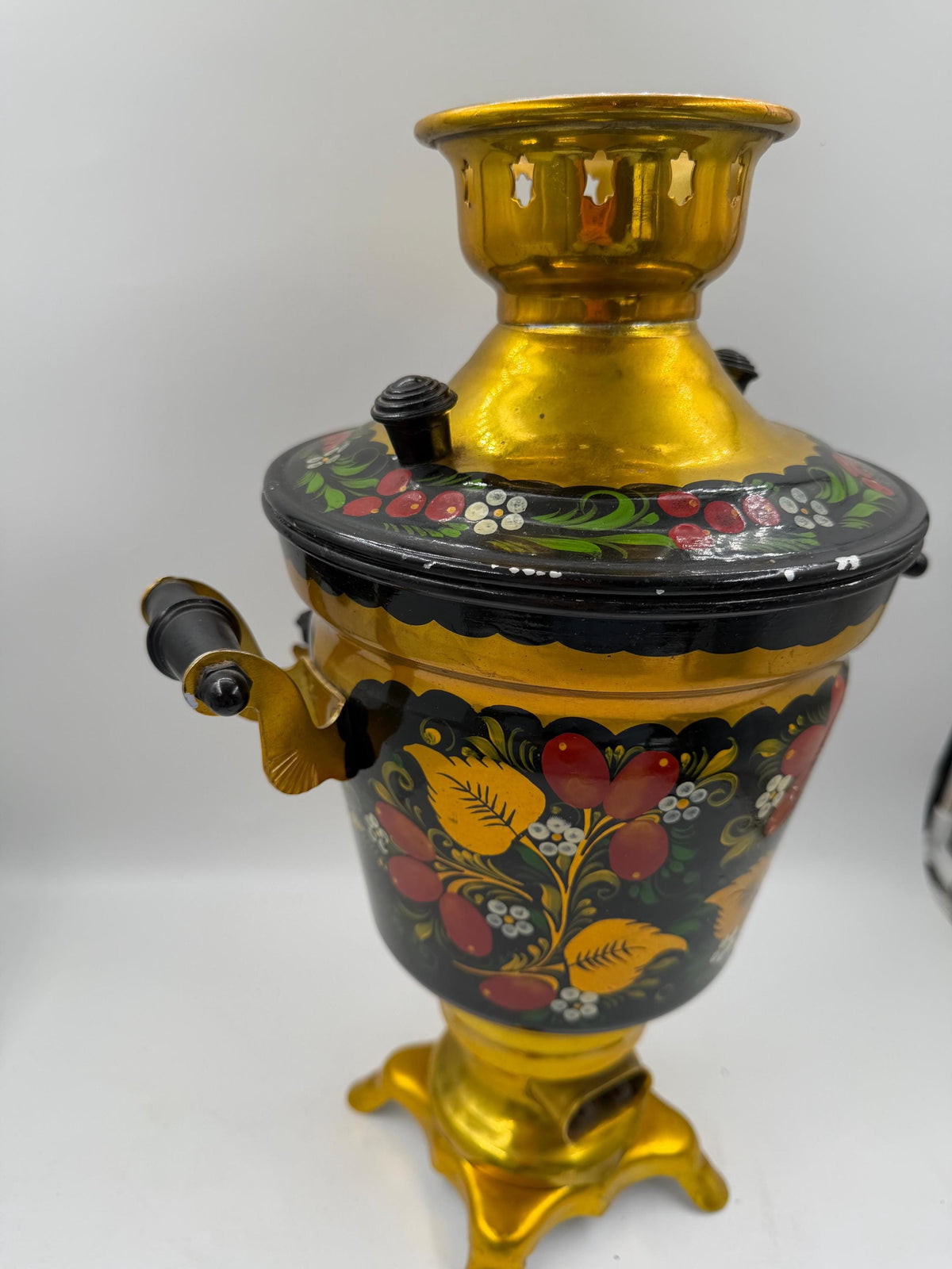 Vintage Elektrischer Samowar 3 Liter Gold-Schwarz mit Blumenmalerei