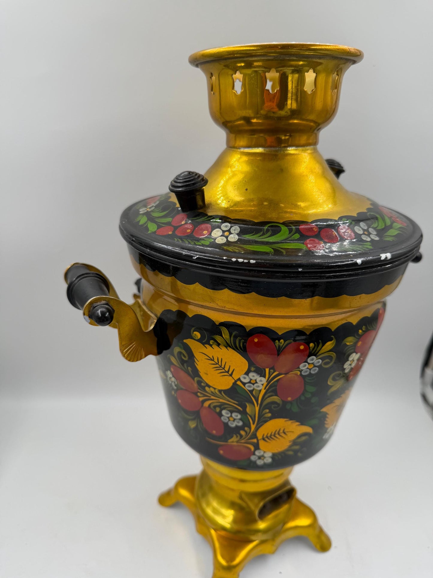 Vintage Elektrischer Samowar 3 Liter Gold-Schwarz mit Blumenmalerei