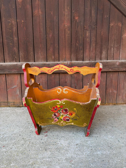 Vintage Zeitungsständer Bauernmalerei handbemalt olivgrün rot gold 1950er