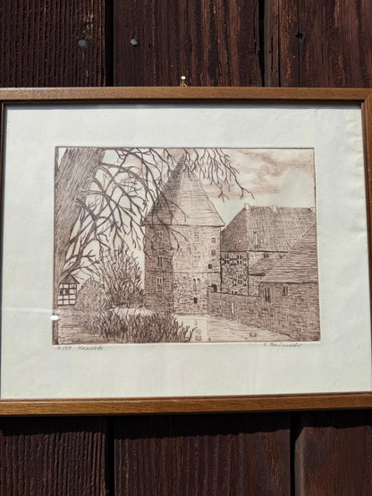Vintage Druck "Haus Kemnade" von E. Baumeister, signiert, Limited Edition 2/50, gerahmt