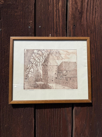 Vintage Druck "Haus Kemnade" von E. Baumeister, signiert, Limited Edition 2/50, gerahmt