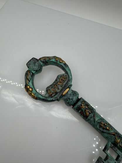 Vintage Korkenzieher "EST SOL" in Schlüsselform mit Grünspan-Patina