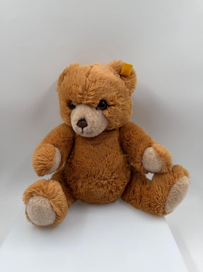 Vintage Steiff Teddybär in Goldbraun mit "Knopf im Ohr" und gelbem Fähnchen