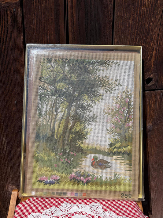 Vintage Gobelin Stickset "Duck Pond" im Halbkreuzstich mit Wolle und Holzrahmen, originalverpackt