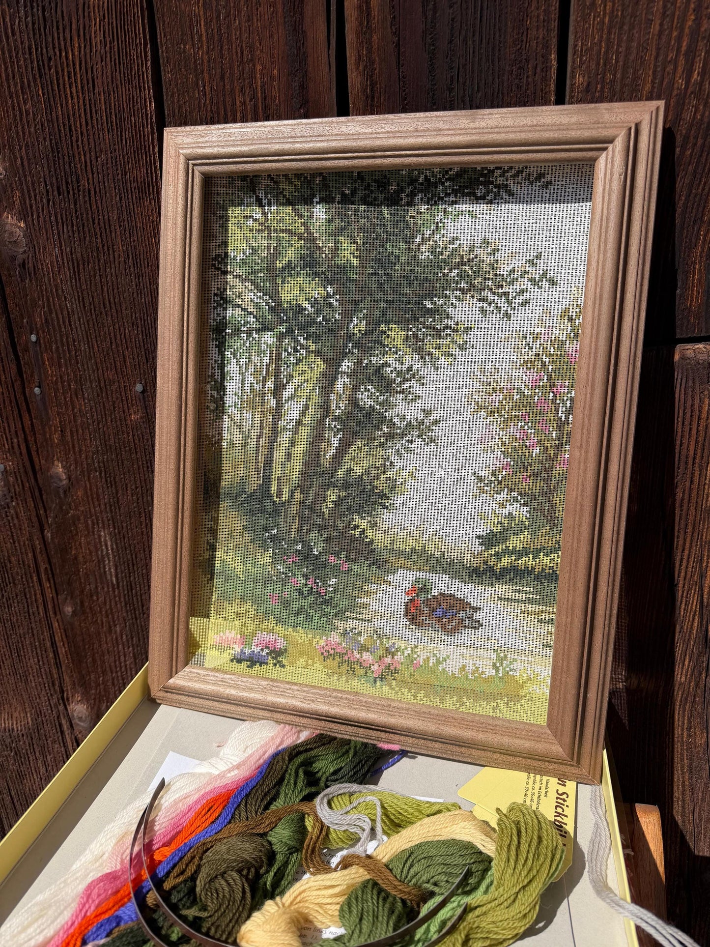 Vintage Gobelin Stickset "Duck Pond" im Halbkreuzstich mit Wolle und Holzrahmen, originalverpackt