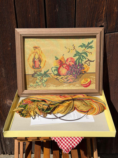 Vintage Gobelin Stickset Stillleben Frucht und Kerze, originalverpackt, unvollendet
