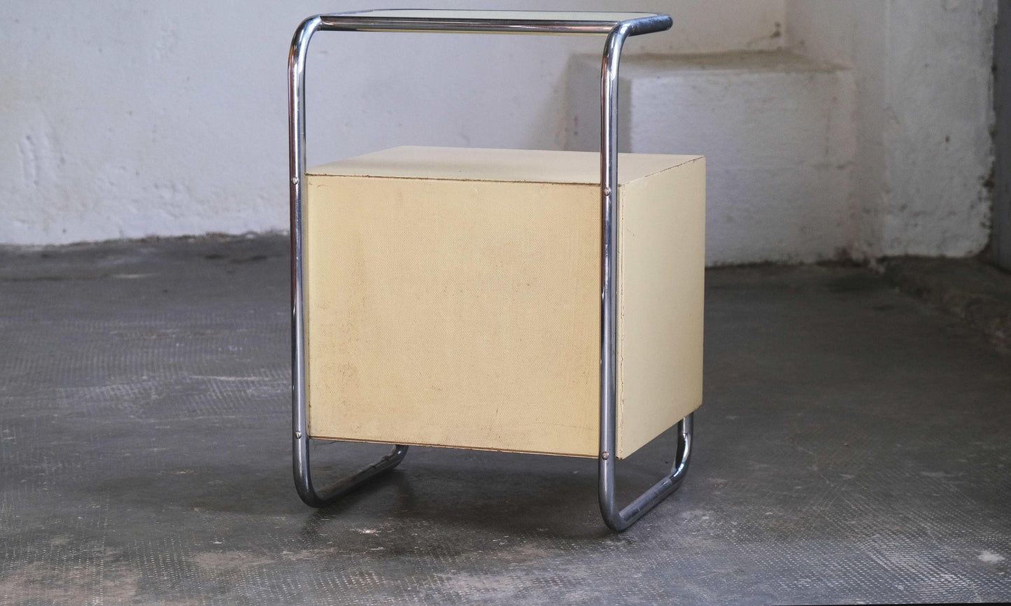 Vintage Nachttisch im Bauhaus Stil mit Glasplatte in cremeweiß
