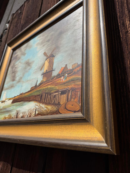 Vintage Gemälde „Windmühle an der Küste“ von Ebert Signiert