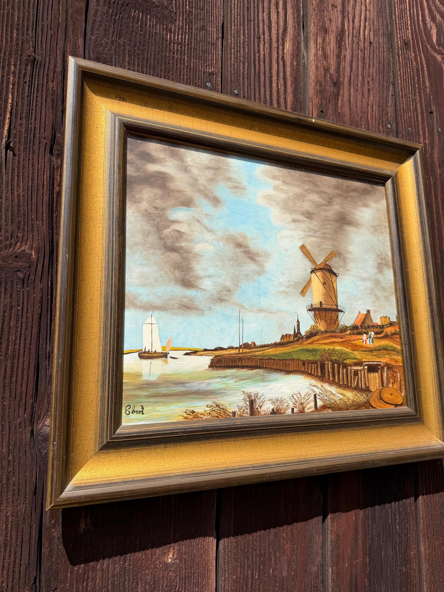Vintage Gemälde „Windmühle an der Küste“ von Ebert Signiert