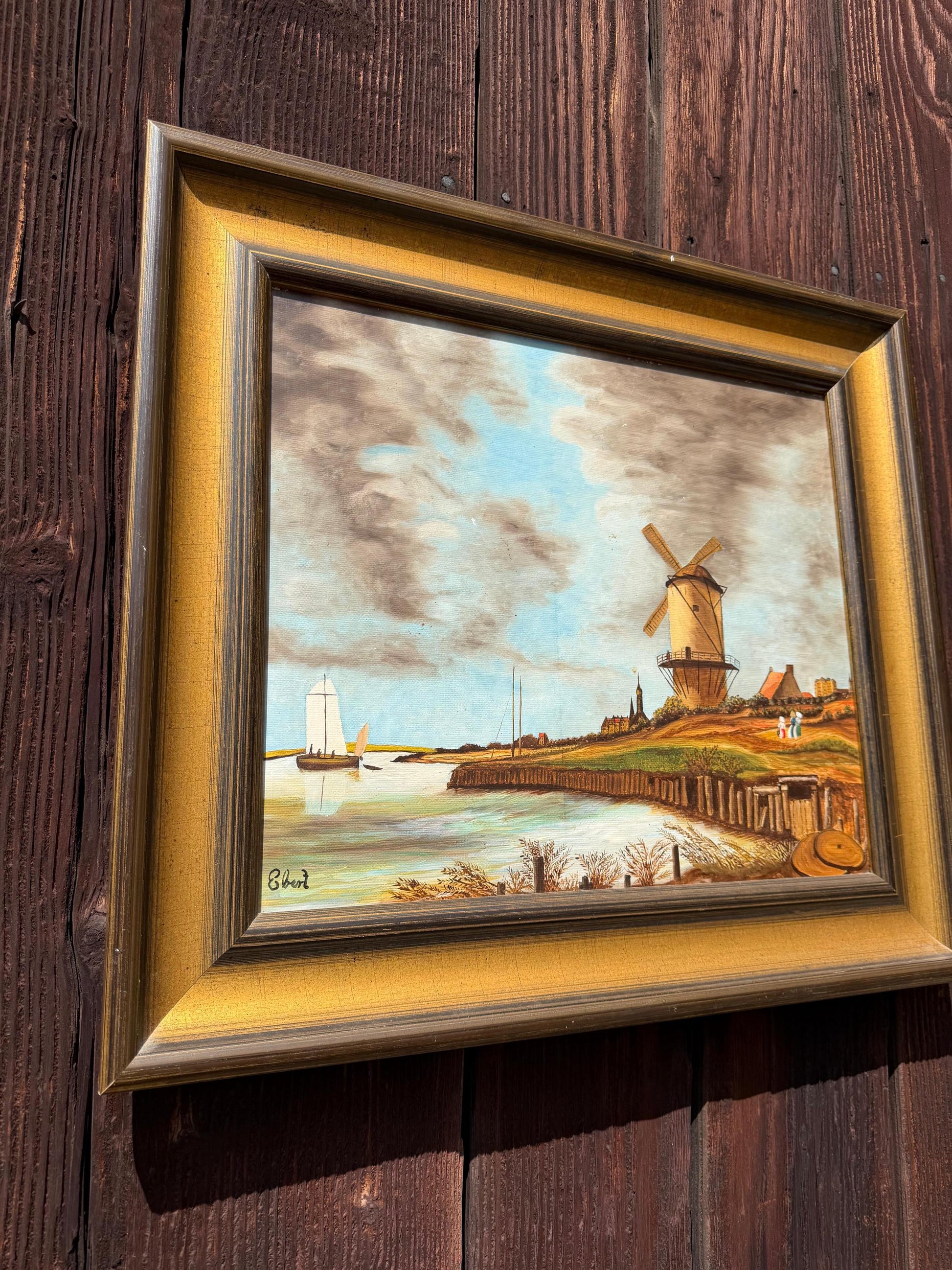 Vintage Gemälde „Windmühle an der Küste“ von Ebert Signiert