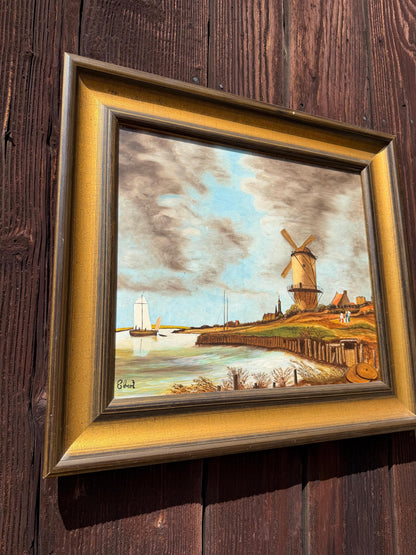 Vintage Gemälde „Windmühle an der Küste“ von Ebert Signiert