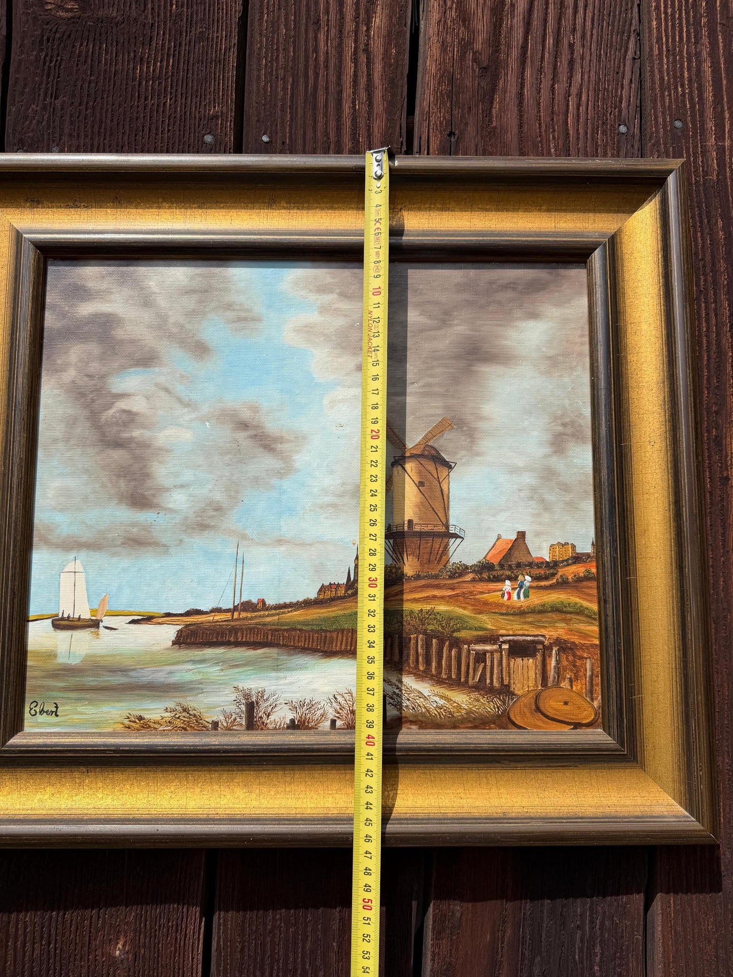 Vintage Gemälde „Windmühle an der Küste“ von Ebert Signiert