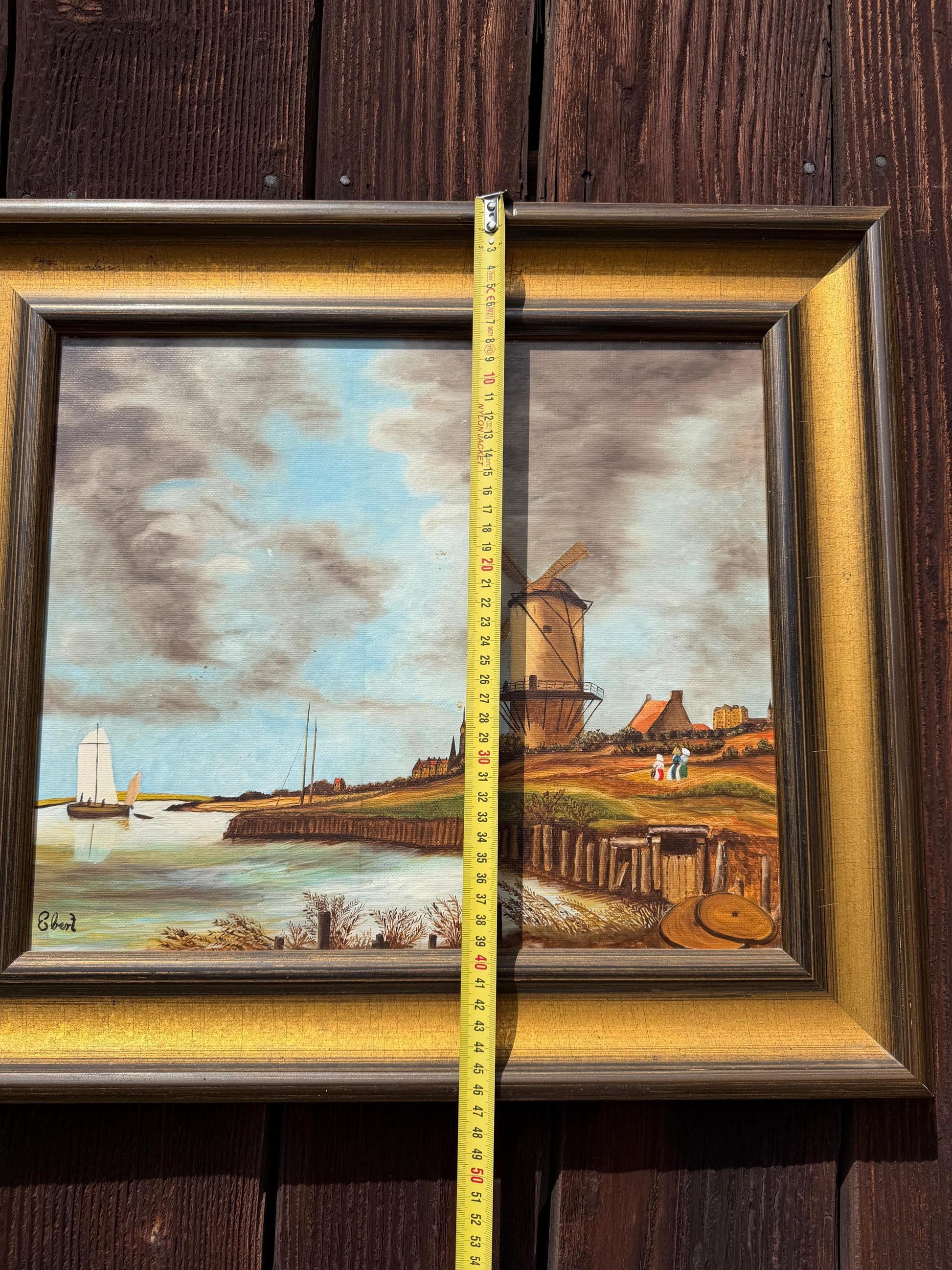 Vintage Gemälde „Windmühle an der Küste“ von Ebert Signiert