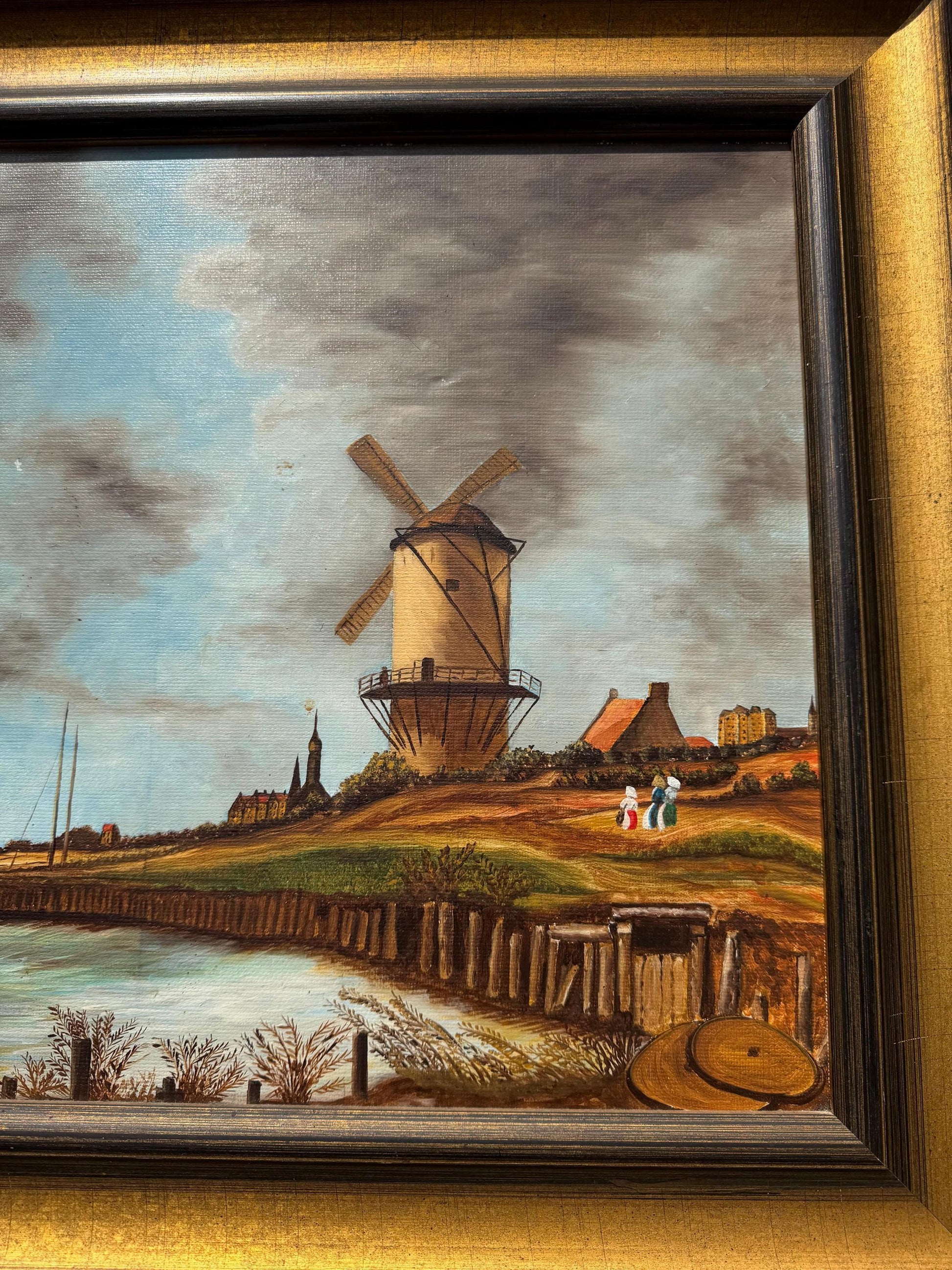 Vintage Gemälde „Windmühle an der Küste“ von Ebert Signiert