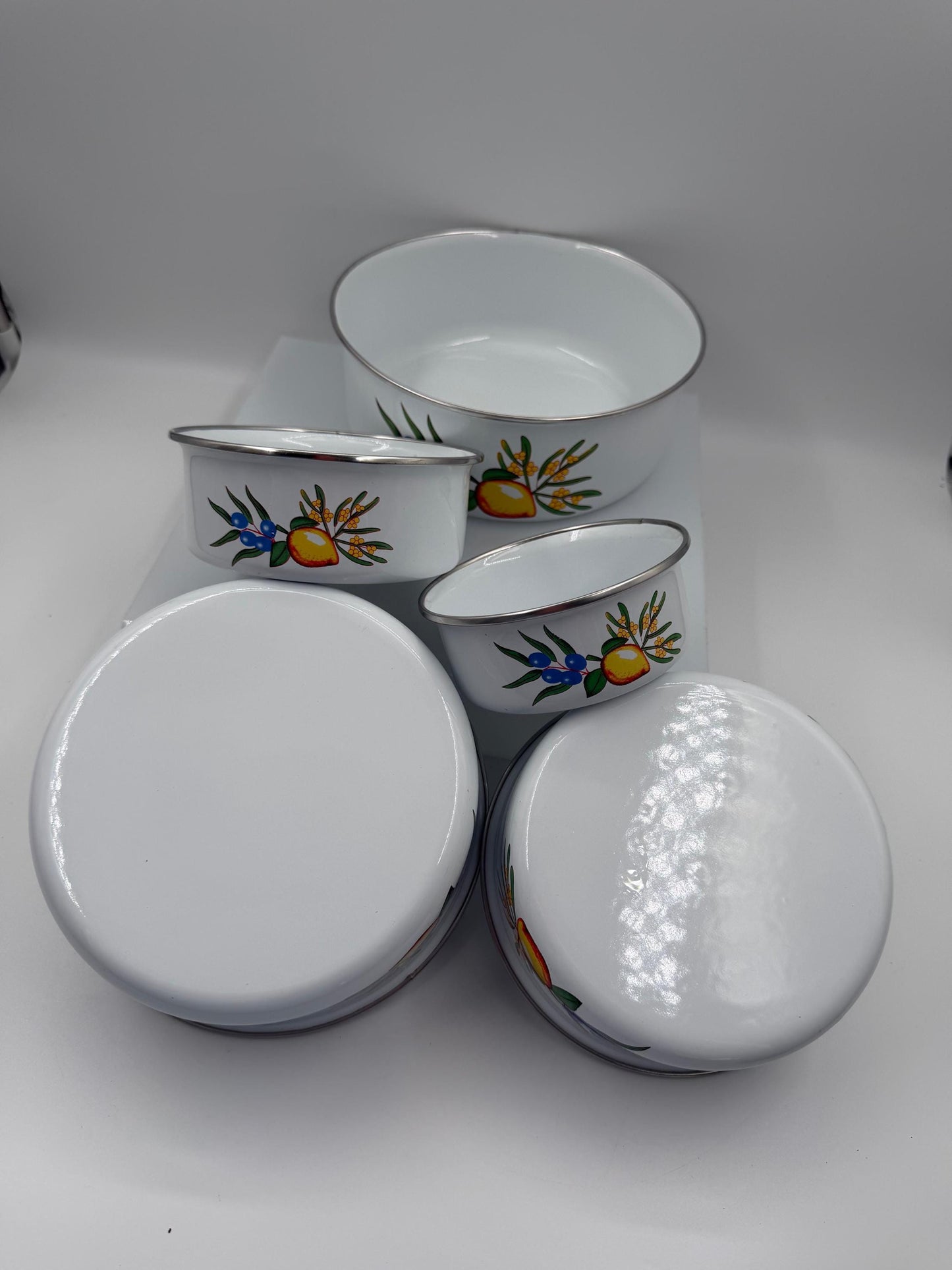Vintage Schüssel Set von 5 mit Zitronendekor, stapelbar