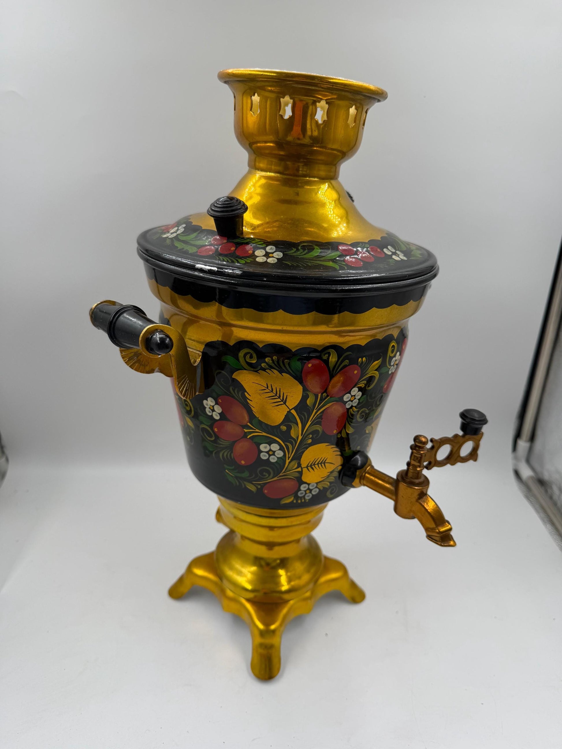 Vintage Elektrischer Samowar 3 Liter Gold-Schwarz mit Blumenmalerei