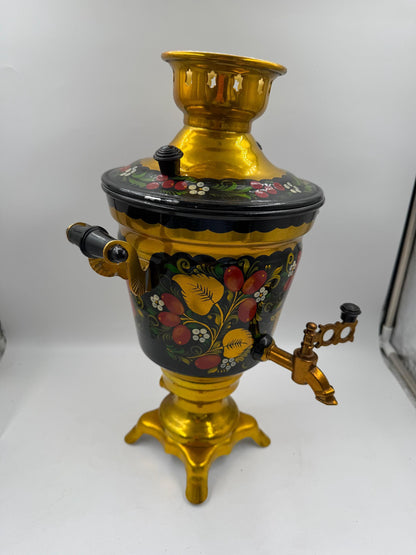 Vintage Elektrischer Samowar 3 Liter Gold-Schwarz mit Blumenmalerei