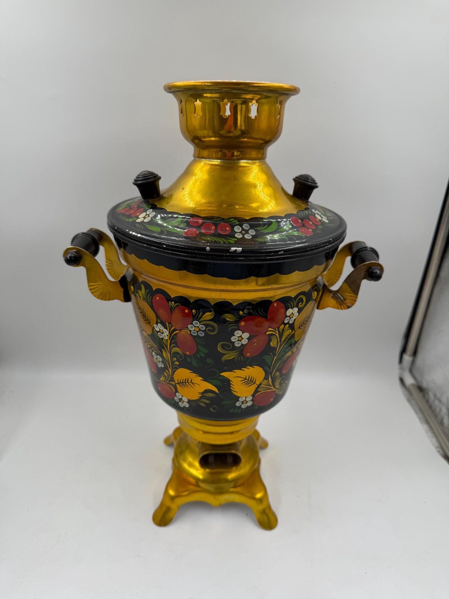 Vintage Elektrischer Samowar 3 Liter Gold-Schwarz mit Blumenmalerei