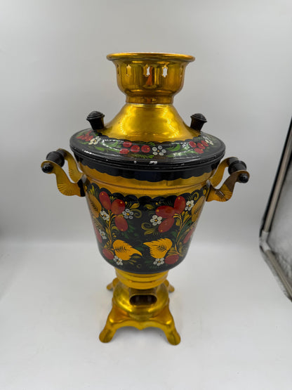 Vintage Elektrischer Samowar 3 Liter Gold-Schwarz mit Blumenmalerei