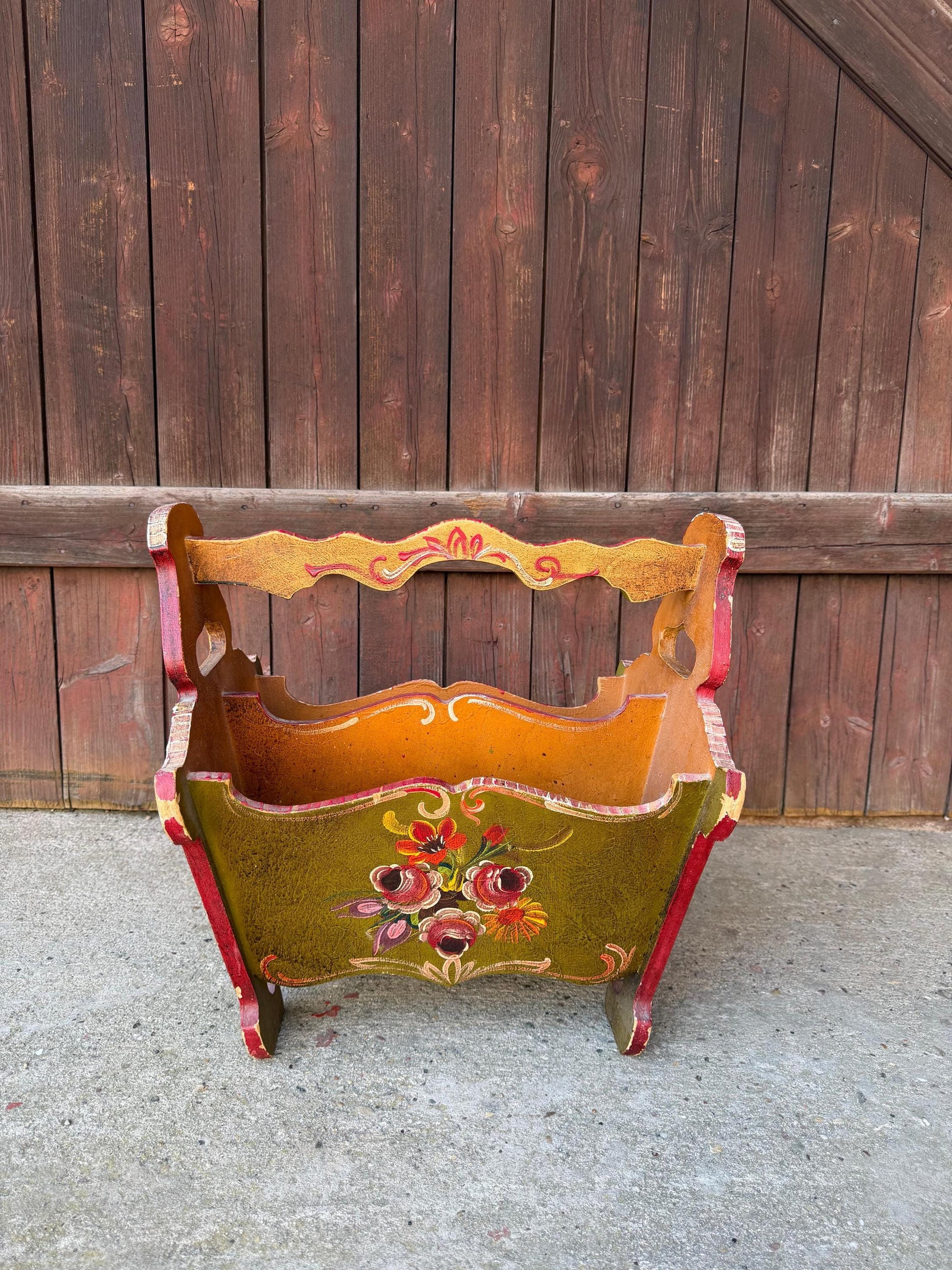 Vintage Zeitungsständer Bauernmalerei handbemalt olivgrün rot gold 1950er