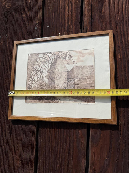 Vintage Druck "Haus Kemnade" von E. Baumeister, signiert, Limited Edition 2/50, gerahmt