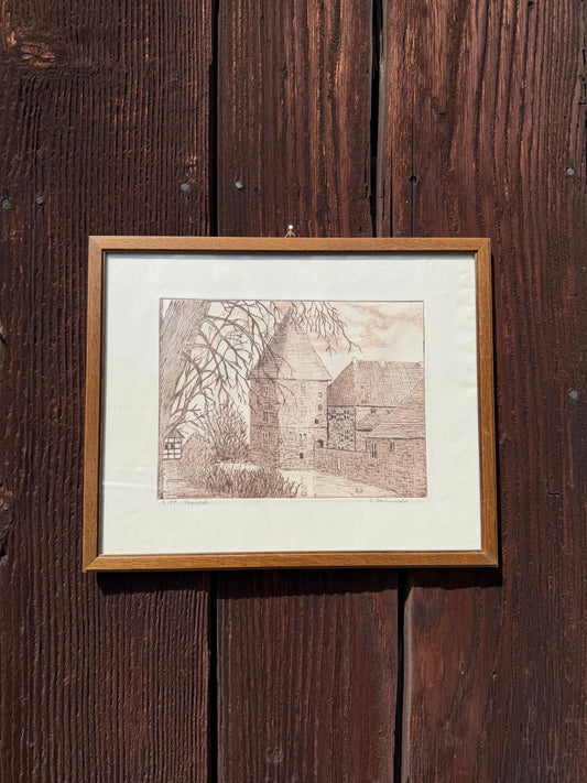 Vintage Druck "Haus Kemnade" von E. Baumeister, signiert, Limited Edition 2/50, gerahmt