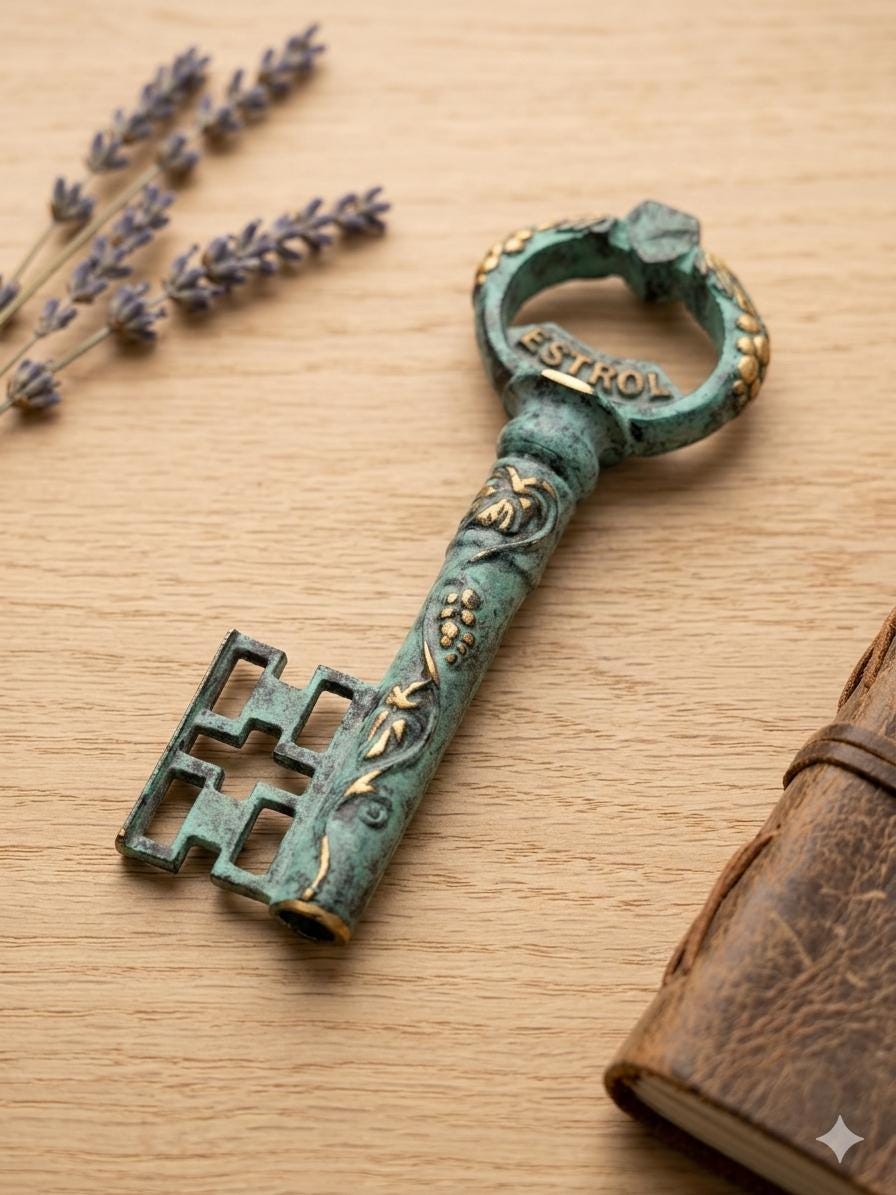 Vintage Korkenzieher "EST SOL" in Schlüsselform mit Grünspan-Patina