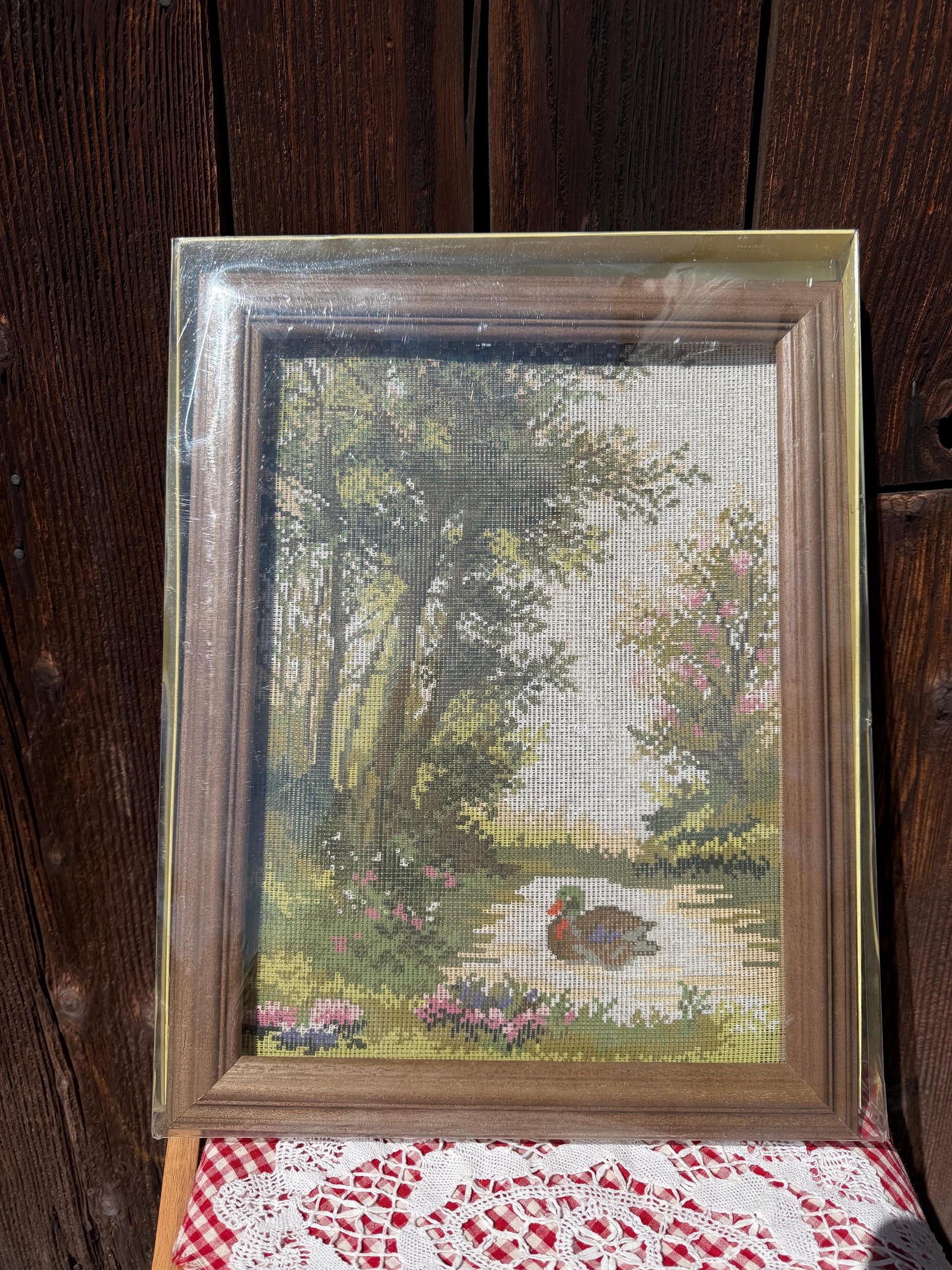 Vintage Gobelin Stickset "Duck Pond" im Halbkreuzstich mit Wolle und Holzrahmen, originalverpackt