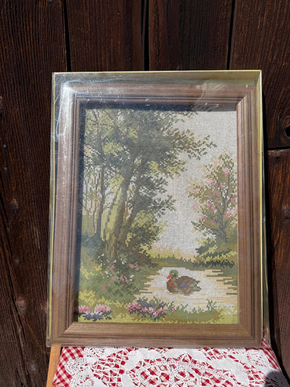 Vintage Gobelin Stickset "Duck Pond" im Halbkreuzstich mit Wolle und Holzrahmen, originalverpackt
