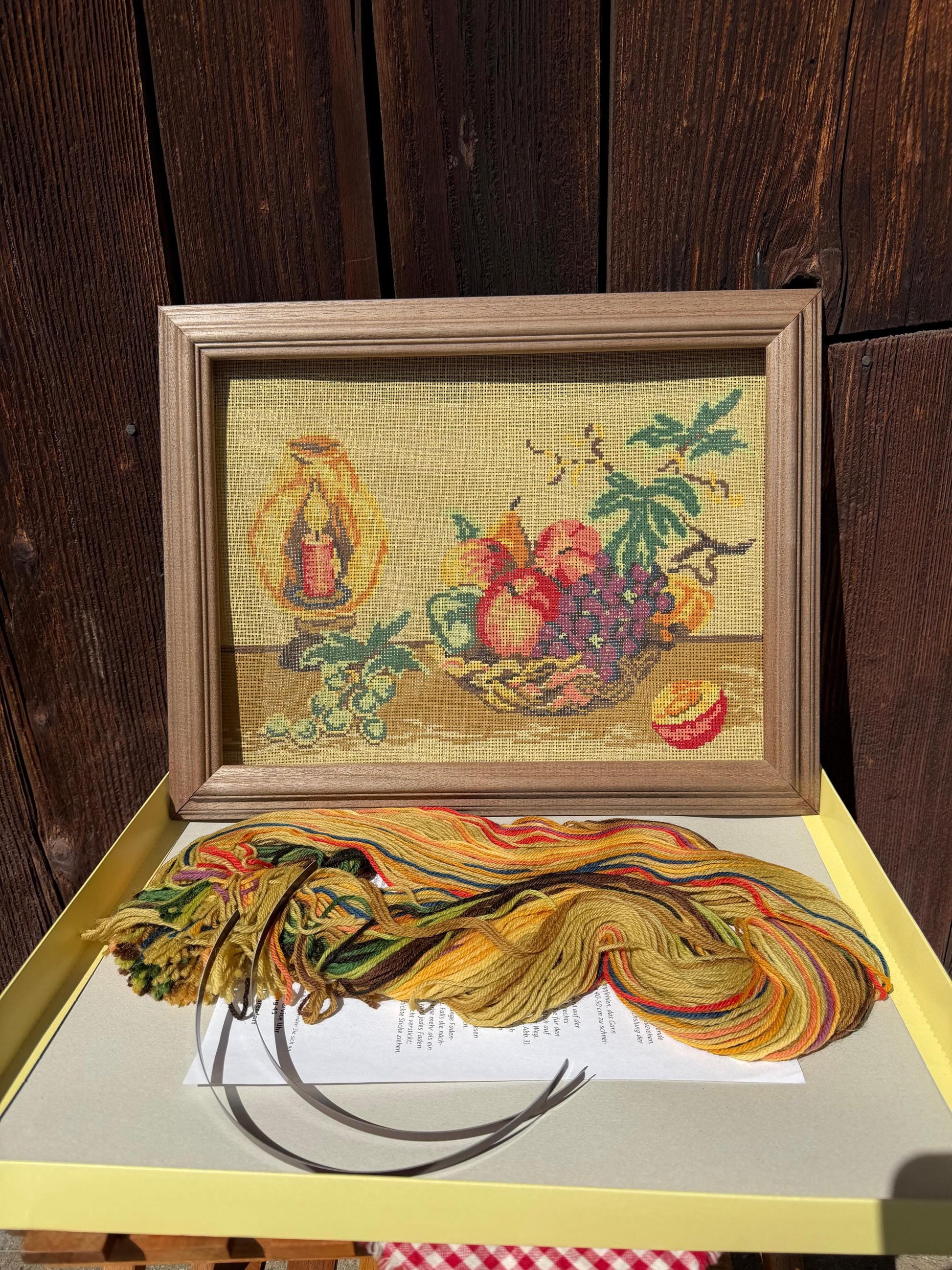 Vintage Gobelin Stickset Stillleben Frucht und Kerze, originalverpackt, unvollendet