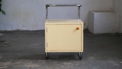 Vintage Nachttisch im Bauhaus Stil mit Glasplatte in cremeweiß